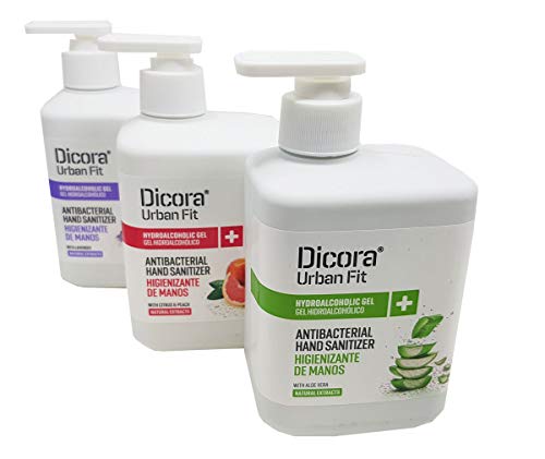 Dicora. Pack especial multiaroma de gel higienizante para manos. Aromas Aloe Vera, Melocotón y Lavanda. Caja 15 botes dispensador x 500 ml