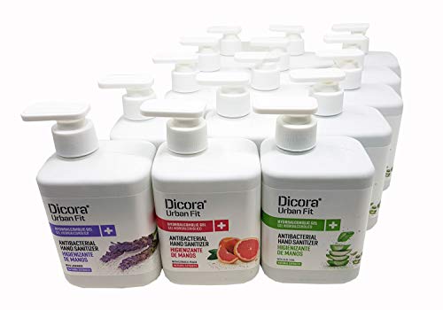 Dicora. Pack especial multiaroma de gel higienizante para manos. Aromas Aloe Vera, Melocotón y Lavanda. Caja 15 botes dispensador x 500 ml