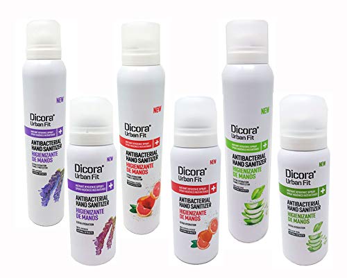 Dicora UrbanFit Pack surtido Sprays hidroalcohólico para desinfectar las manos. Fragancia Aloe Vera, Melocotón y Lavanda. Caja con 3 botes 75 ml y 3 botes 200 ml de cada fragancia