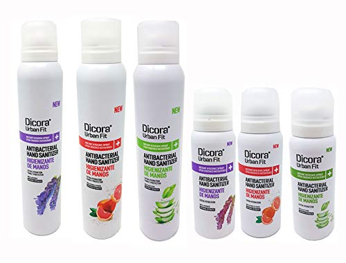 Dicora UrbanFit Pack surtido Sprays hidroalcohólico para desinfectar las manos. Fragancia Aloe Vera, Melocotón y Lavanda. Caja con 3 botes 75 ml y 3 botes 200 ml de cada fragancia