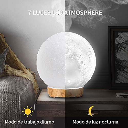 Difusor Aromaterapia De Luz Luna,200ml Ultrasonice Humidificador Aceites Esenciales Sin BPA nebulizador Bebe ,Luz Nocturna de 7 Colores,Universal para casa Oficina Yoga SPA Dormitorio