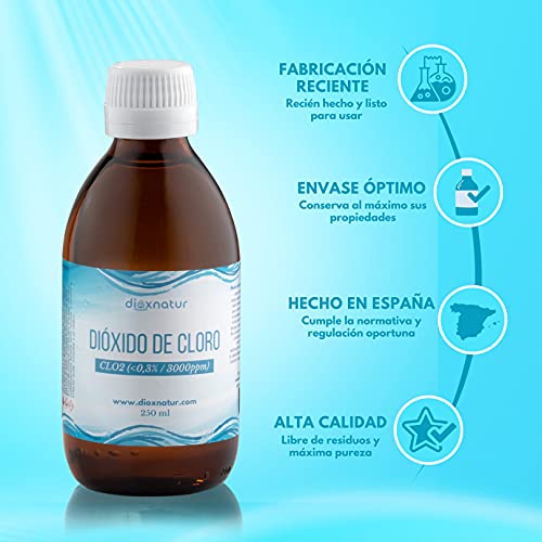 DIOXNATUR® Dióxido de cloro 3000 ppm (250 ml). CDS Fabricado en España. Fabricación reciente.Botella de vidrio.