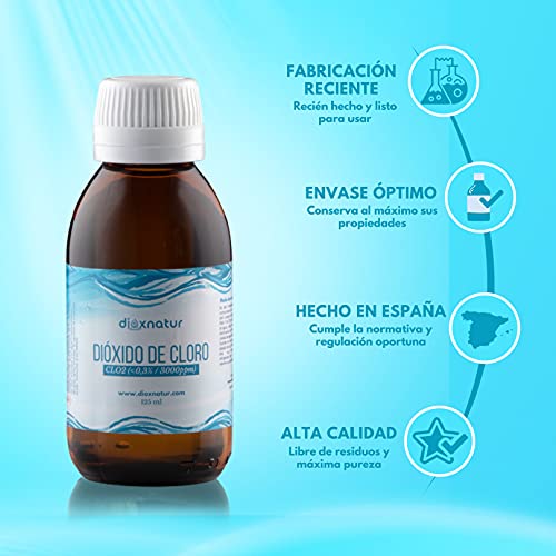 DIOXNATUR - Dióxido de cloro 3000 ppm CDS (125 ml) Hecho en España. Botella de cristal