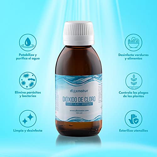 DIOXNATUR - Dióxido de cloro 3000 ppm CDS (125 ml) Hecho en España. Botella de cristal