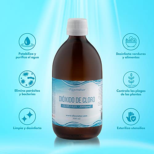 DIOXNATUR Dióxido de Cloro 500ml CDS 3000 ppm Tamaño Ahorro. Hecho en España. Botella de Vidrio