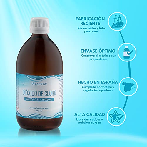 DIOXNATUR Dióxido de Cloro 500ml CDS 3000 ppm Tamaño Ahorro. Hecho en España. Botella de Vidrio