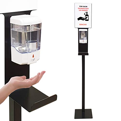 Dispensador de Gel Desinfectante de Manos Automático con Soporte de Pie con Cartela A4 y Bandeja Goteo para Comercios y Oficinas. Dosificador de Gel Hidroalcohólico Sin Contacto. Fabricado en España