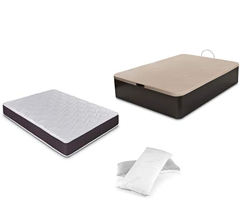 DORMIDAN - Pack de canapé abatible de Gran Capacidad + colchón viscoelástico + Almohada visco Copos de Regalo (135_x_190_cm, Wengué)