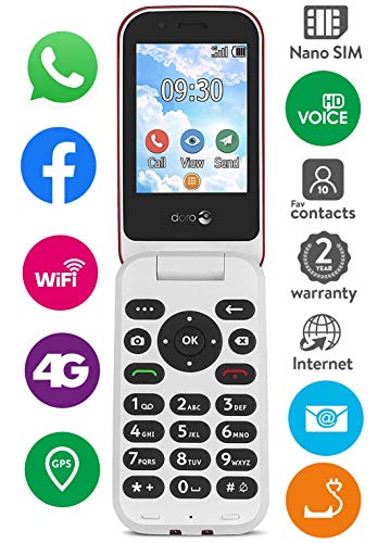 Doro 7030 Teléfono Móvil 4G Dual SIM con Tapa para Mayores con Whatsapp para Videollamadas, Facebook, Botón de Asistencia con GPS y Base de Carga [Versión Española y Portuguesa] (Rojo)