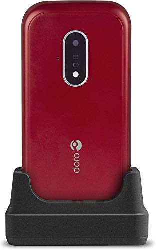 Doro 7030 Teléfono Móvil 4G Dual SIM con Tapa para Mayores con Whatsapp para Videollamadas, Facebook, Botón de Asistencia con GPS y Base de Carga [Versión Española y Portuguesa] (Rojo)