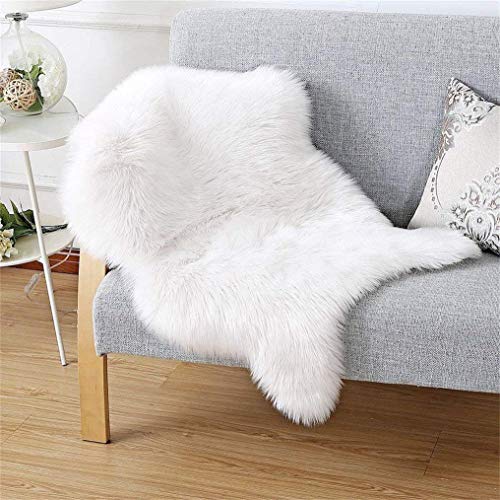 DQMEN Piel de Cordero Oveja/Sheepskin Rug Cordero, imitación mullida Alfombras imitación Piel sintética Deko Piel,para salón Dormitorio baño sofá Silla cojín (60 X 90 cm, Blanco)