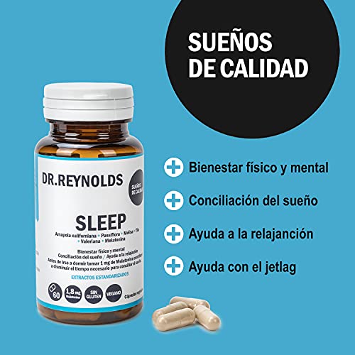 DR.REYNOLDS - Sleep | Melatonina 1.8 mg + Valeriana + Tila + Melisa + Pasiflora | Para dormir bien y mejorar el sueño | Ayuda a la relajación, fatiga y jet lag | Natural | Vegano | Sin Gluten | 60 Uds