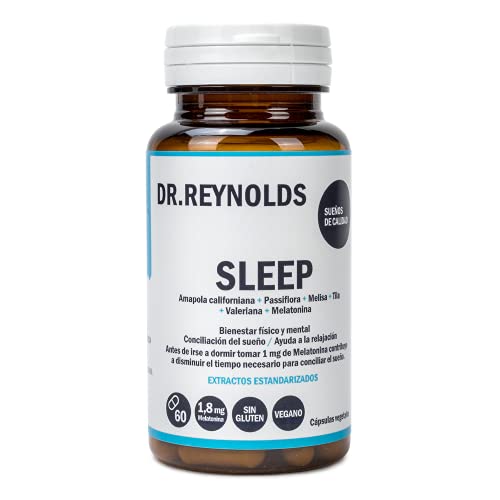 DR.REYNOLDS - Sleep | Melatonina 1.8 mg + Valeriana + Tila + Melisa + Pasiflora | Para dormir bien y mejorar el sueño | Ayuda a la relajación, fatiga y jet lag | Natural | Vegano | Sin Gluten | 60 Uds