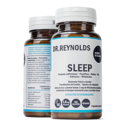 DR.REYNOLDS - Sleep | Melatonina 1.8 mg + Valeriana + Tila + Melisa + Pasiflora | Para dormir bien y mejorar el sueño | Ayuda a la relajación, fatiga y jet lag | Natural | Vegano | Sin Gluten | 60 Uds