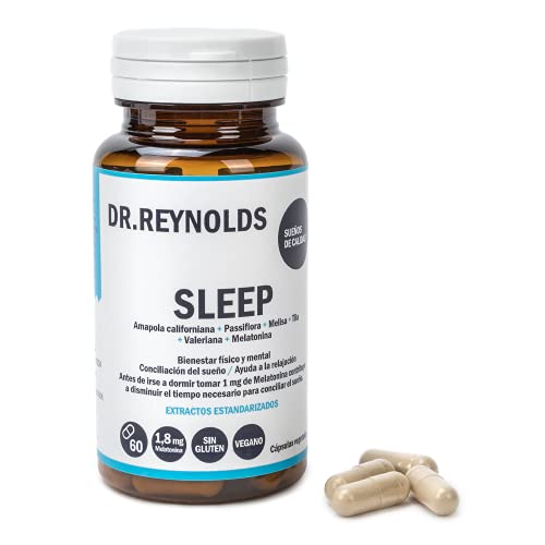 DR.REYNOLDS - Sleep | Melatonina 1.8 mg + Valeriana + Tila + Melisa + Pasiflora | Para dormir bien y mejorar el sueño | Ayuda a la relajación, fatiga y jet lag | Natural | Vegano | Sin Gluten | 60 Uds