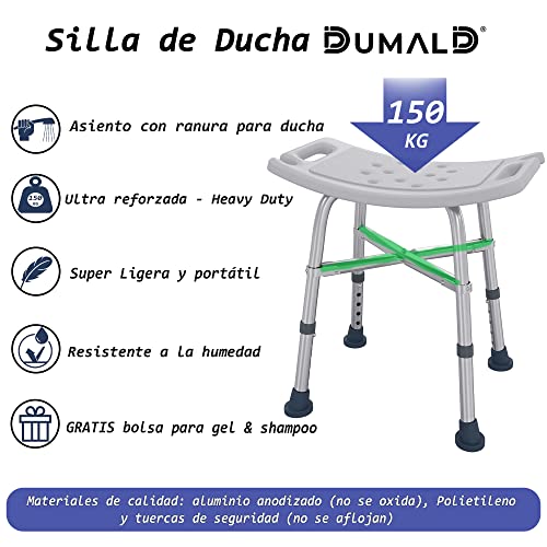 DUMALD- Silla Ducha Mayores, Taburete baño. Reforzada Doble-Barra. Sillas para Ducha - Incluye Bolsa Gel- Altura Regulable, Silla ortopédica. Marca Española- Taburete Ducha