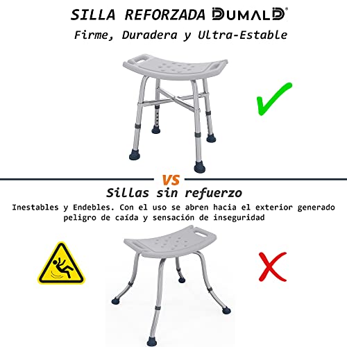 DUMALD- Silla Ducha Mayores, Taburete baño. Reforzada Doble-Barra. Sillas para Ducha - Incluye Bolsa Gel- Altura Regulable, Silla ortopédica. Marca Española- Taburete Ducha