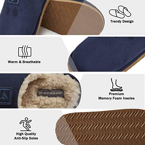 Dunlop Zapatillas Casa Hombre, Memory Foam Pantuflas Peluche Abiertas, Zapatillas De Estar En Casa Invierno Calientes Suela de Goma Dura Interior Exterior, Regalos para Hombre, 43 EU, Azul Navy