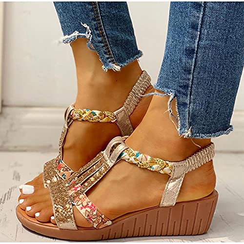 DZQQ Sandalias de Verano para Mujer, Zapatos de cuña con Plataforma Bohemia, Zapatos de Playa de Gladiador de Cristal Roma para Mujer, Banda elástica Informal para Mujer