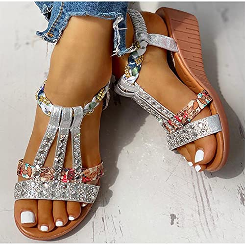 DZQQ Sandalias de Verano para Mujer, Zapatos de cuña con Plataforma Bohemia, Zapatos de Playa de Gladiador de Cristal Roma para Mujer, Banda elástica Informal para Mujer