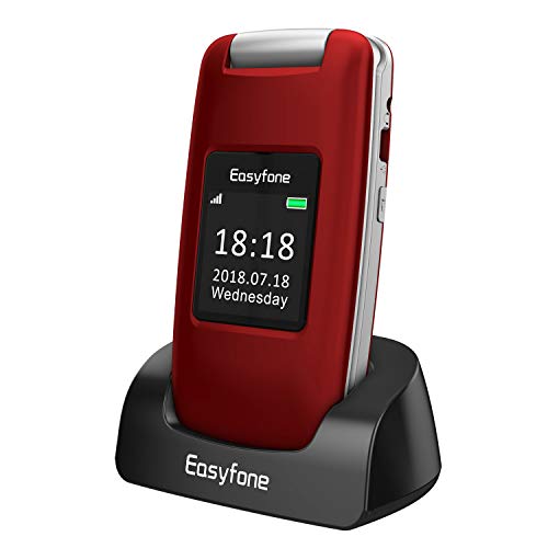 Easyfone Prime-A1 gsm Teléfono Móvil para Mayores con Tapa y Teclas Grandes, Audífonos Compatibles, SOS Botones, Cámara de 2.0MP, Fácil de Usar para Ancianos con Base de Carga (Rojo)