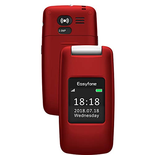 Easyfone Prime-A1 gsm Teléfono Móvil para Mayores con Tapa y Teclas Grandes, Audífonos Compatibles, SOS Botones, Cámara de 2.0MP, Fácil de Usar para Ancianos con Base de Carga (Rojo)