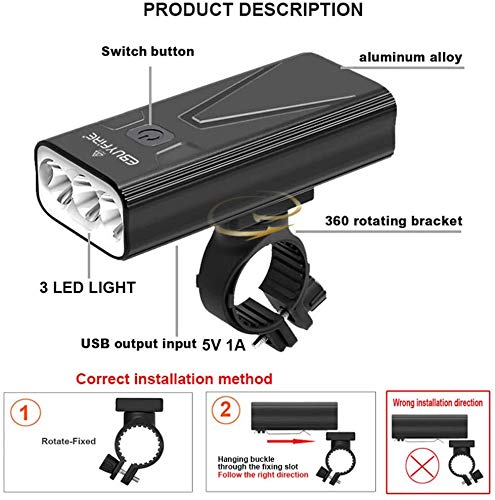 EBUYFIRE Luz Bicicleta Recargable USB,luz Delantera Bicicleta 3000 Lúmenes Super Brillante 3LED,Y una Luz Trasera,3 Modo 5200mAh,Apto para Todas Las Bicicletas.