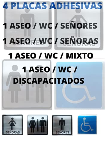 ecalidad 4 x SEÑAL CARTEL ASEO WC BAÑO DISCAPACITADOS SILLA DE RUEDAS - 4 CARTELES - SEÑOR - SEÑORA - MIXTO - DISCAPACITADOS