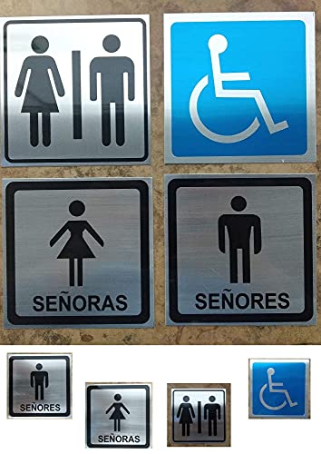 ecalidad 4 x SEÑAL CARTEL ASEO WC BAÑO DISCAPACITADOS SILLA DE RUEDAS - 4 CARTELES - SEÑOR - SEÑORA - MIXTO - DISCAPACITADOS