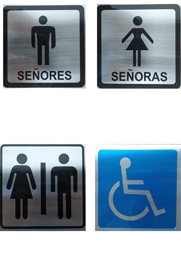 ecalidad 4 x SEÑAL CARTEL ASEO WC BAÑO DISCAPACITADOS SILLA DE RUEDAS - 4 CARTELES - SEÑOR - SEÑORA - MIXTO - DISCAPACITADOS