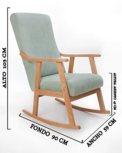 Eco Silla y Descanso. Mod. Torino. Sillon, balancin, mercedora Especial Lactancia, Antimanchas, Madera Haya Maciza, Barnizado Natural, tapizado Verde Agua.