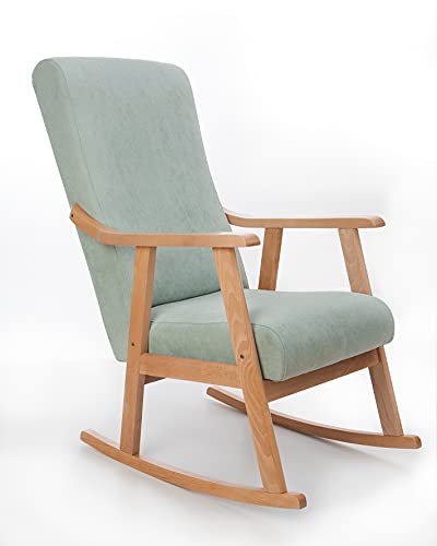 Eco Silla y Descanso. Mod. Torino. Sillon, balancin, mercedora Especial Lactancia, Antimanchas, Madera Haya Maciza, Barnizado Natural, tapizado Verde Agua.