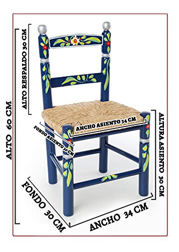 Eco Silla y Descanso, Silla Infantil, Decorada artesanalmente y Pintada a Mano. Color Azul Asiento de Enea. 4 Colores Disponibles. Medidas Fondo 0,30 x Ancho 0, 34 x Alto 0,60 ctms.