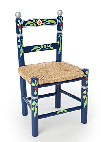 Eco Silla y Descanso, Silla Infantil, Decorada artesanalmente y Pintada a Mano. Color Azul Asiento de Enea. 4 Colores Disponibles. Medidas Fondo 0,30 x Ancho 0, 34 x Alto 0,60 ctms.