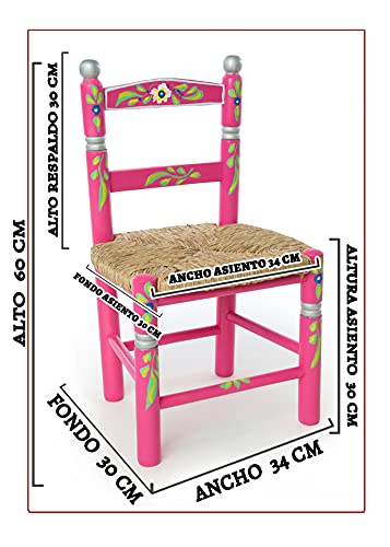 Eco Silla y Descanso, Silla Infantil, Decorada artesanalmente y Pintada a Mano. Color Rosa. Asiento de Enea. 4 Colores Disponibles. Medidas Fondo 0,30 x Ancho 0,34 x Alto 0,60 ctms.