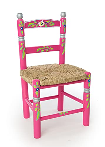 Eco Silla y Descanso, Silla Infantil, Decorada artesanalmente y Pintada a Mano. Color Rosa. Asiento de Enea. 4 Colores Disponibles. Medidas Fondo 0,30 x Ancho 0,34 x Alto 0,60 ctms.