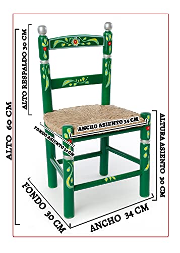 Eco Silla y Descanso, Silla Infantil, Decorada artesanalmente y Pintada a Mano. Color Verde. Asiento de Enea. 4 Colores Disponibles. Medidas Fondo 0,30 x Ancho 0,34 x Alto 0,60 ctms.