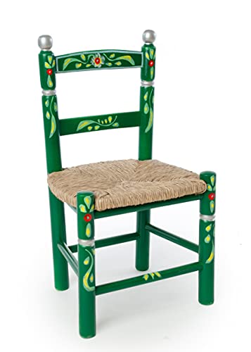 Eco Silla y Descanso, Silla Infantil, Decorada artesanalmente y Pintada a Mano. Color Verde. Asiento de Enea. 4 Colores Disponibles. Medidas Fondo 0,30 x Ancho 0,34 x Alto 0,60 ctms.