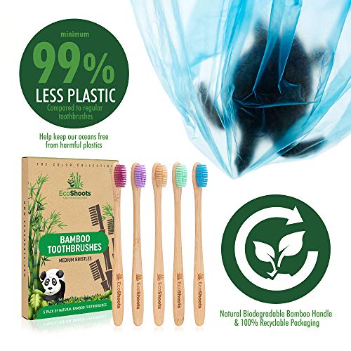 EcoShoots Cepillos de dientes de bambú para adultos | Pack familiar de 5 cepillos de dientes de bambú natural | Cepillo de dientes ecológico | Mango biodegradable | Cepillos de dientes sin BPA