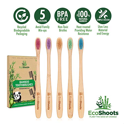 EcoShoots Cepillos de dientes de bambú para adultos | Pack familiar de 5 cepillos de dientes de bambú natural | Cepillo de dientes ecológico | Mango biodegradable | Cepillos de dientes sin BPA