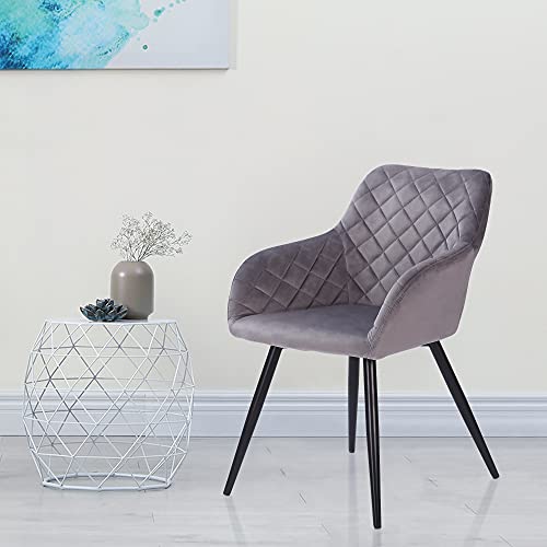 Edaygo Silla de Comedor, Sillón de Salón con Reposabrazos, Terciopelo, Cómodo Ancho de Asiento Aprox. 49 cm, Altura Aprox. 47 cm, Gris Claro, Patas de Metal Color Negro