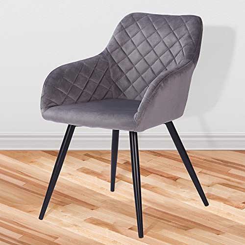 Edaygo Silla de Comedor, Sillón de Salón con Reposabrazos, Terciopelo, Cómodo Ancho de Asiento Aprox. 49 cm, Altura Aprox. 47 cm, Gris Claro, Patas de Metal Color Negro