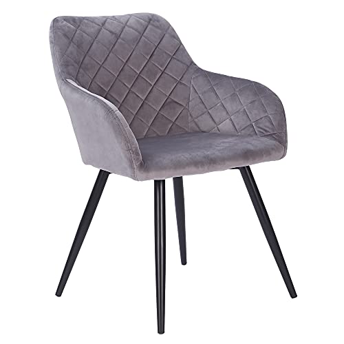 Edaygo Silla de Comedor, Sillón de Salón con Reposabrazos, Terciopelo, Cómodo Ancho de Asiento Aprox. 49 cm, Altura Aprox. 47 cm, Gris Claro, Patas de Metal Color Negro