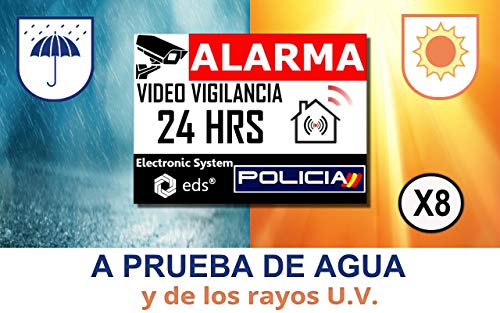 Egero - Pegatinas disuasorias Video Vigilancia Alarma Policia x8 Antirrobo para Casa, Edificio, Comercio, Garaje. Pegatinas de videovigilancia de Calidad Profesional.