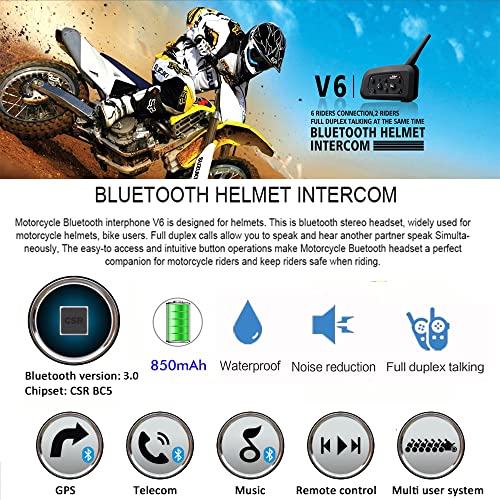 Ejeas V6 Pro 1200M Auriculares Intercomunicador Moto Inalambrico Bluetooth para Motocicletas, Impermeabilidad Intercomunicador Casco Moto, Comunicador Moto hasta 6 Jinetes (2 Paquetes)