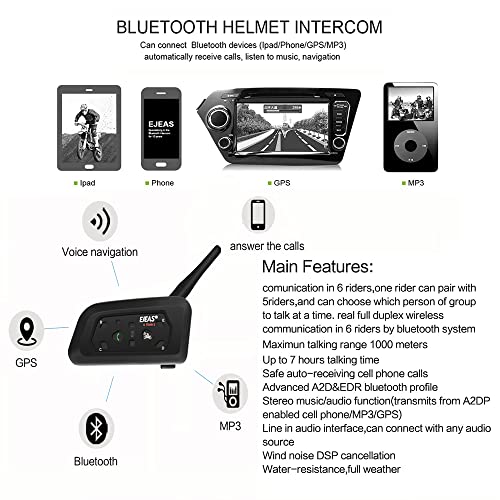 Ejeas V6 Pro 1200M Auriculares Intercomunicador Moto Inalambrico Bluetooth para Motocicletas, Impermeabilidad Intercomunicador Casco Moto, Comunicador Moto hasta 6 Jinetes (2 Paquetes)