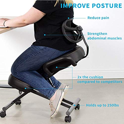 Ejoyous Silla de Rodillas, ortopédica ergonómica Ajustable con Respaldo y 4 Ruedas para el hogar y la Oficina para Corregir la Postura