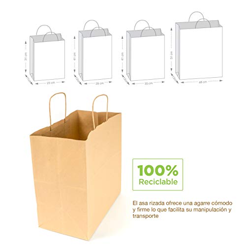 EL CARMEN Bolsa de Papel Kraft liso CON ASA de Papel Retorcida | 29+12 (fuelle) x 41cm | 200 Unidades