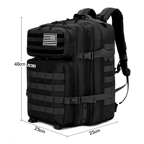 Elitex Mochila 25L Tactica Militar Color Negro Bandera USA Impermeable para Deporte, Gimnasio, Aire Libre Oxford 900D