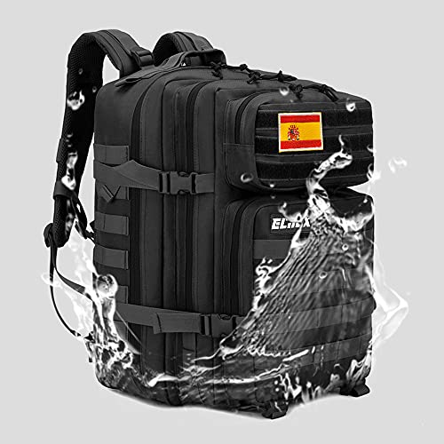 ELITEX Mochila 45L Táctica Militar Bandera España Impermeable Deportiva Caza Aire Libre Deportes Gimnasio Portatil Oxford 900D (Negro)